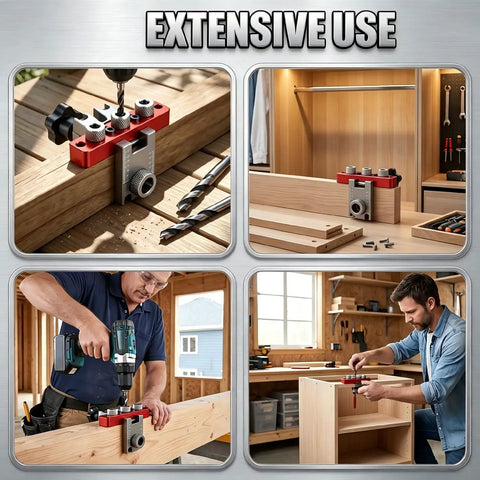 Heavy Duty Self Centering Doweling Jig Kit With Precision Drill Guide For Woodworking Crafts showing setup and drilling use in a workshop.