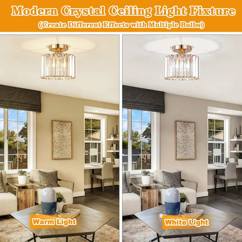 Semi Flush Mount Crystal Chandelier Gold Finish Ceiling Light Fixture For Living Room Bedroom Hallway Bathroom Kitchen Entryway Small Close To Ceiling Dope Chic Decor with warm and white light options displayed in a modern living room.