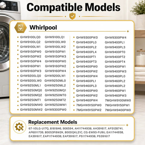 List of compatible Whirlpool models for High Grade Replacement Washer Door Handle Fits Duet Whirlpool Models AH391617 AP3128741 8181846.