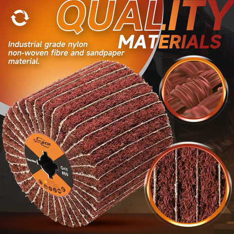 60 Grit Nonwoven Flap Wheel for Wood and Metal Polishing 120 Mm Diameter 100 Mm Width 19 Mm Arbor Hole Abrasive Sanding Wheel Burnishing and Smoothing 4.7 by 4 Inches with nylon fibers and sandpaper, close-up image.