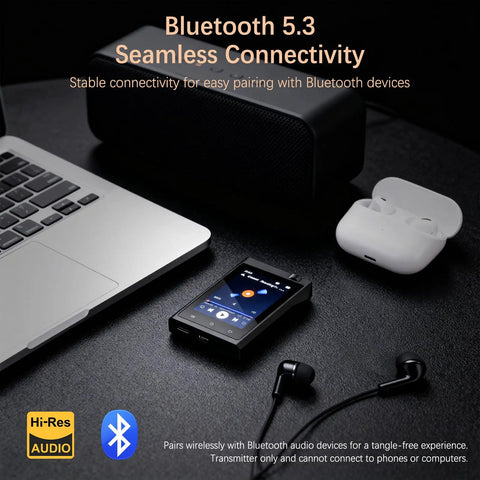 64GB Bluetooth MP3 Player with 2.8 Inch Touch Screen HiFi Music Player, laptop, earbuds, and speaker for fast Bluetooth 5.3 pairing