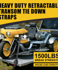 Beefy Retractable Transom Tie Down Straps securing motorcycle on trailer, 1500 lbs break strength, 500 lbs working load.