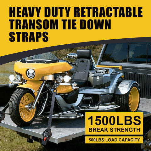 Beefy Retractable Transom Tie Down Straps securing motorcycle on trailer, 1500 lbs break strength, 500 lbs working load.