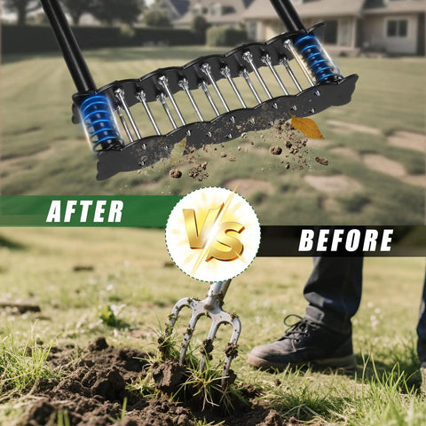 Manual Lawn Aerator Tool With Dual Spring Spikes Stainless Steel Lawn Aerator For Soil Loosening versus traditional garden fork.
