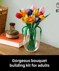 Botanical Tulip Bouquet Building Set for Adults Ages 18 Plus, Mindful Craft Kit for Bedroom, Home Decor, Book Shelf and Office Spaces, Realistic Artificial Flowers, Dope Gift for Birthdays and Garden Lovers; 576-piece LEGO bouquet in vase