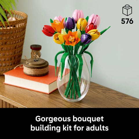 Botanical Tulip Bouquet Building Set for Adults Ages 18 Plus, Mindful Craft Kit for Bedroom, Home Decor, Book Shelf and Office Spaces, Realistic Artificial Flowers, Dope Gift for Birthdays and Garden Lovers; 576-piece LEGO bouquet in vase