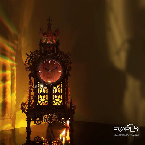 DIY 3D Wood Puzzle LED Tower Clock Kit with glowing LED light, intricate steampunk design, sitting on a reflective surface