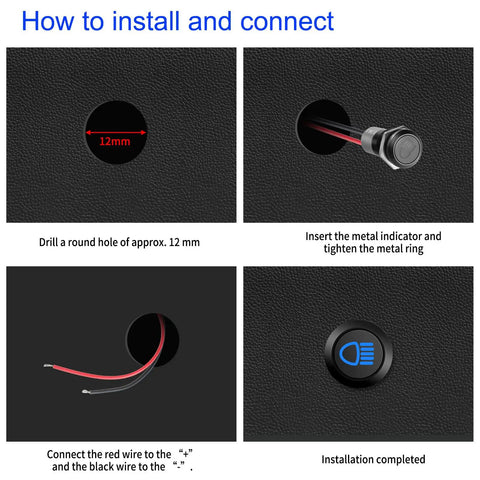 4 Pack Waterproof 12V 24V LED Indicator Lights installation steps for panel mount with 12mm cutout and metal housing