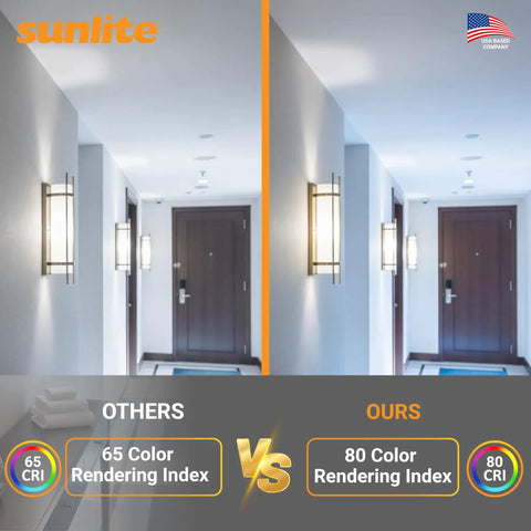 Crisp Daylight 6500K 26W 1560 Lumens Double Quad CFL Tube Bulbs with lighting comparison in hallway, 2 Pin G24d3 Base.