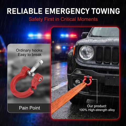 Hella Tough Screw On Front Bumper Tow Hook With Glossy Red Race Design D Ring For Heavy Duty Recovery Universal Fit Across Cars Trucks SUVs Off Road mounted on vehicle for towing.