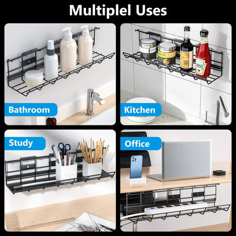 Multiple uses of 2 Pack Under Desk Cable Management Tray Set, Heavy Duty Metal Cord Organizer for Desk, in office and home settings.