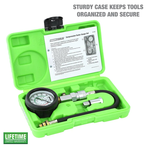 Garage Ready Compression Tester Gauge Set For Cars And Trucks With Flexible Hose Includes 14mm And 18mm Adapters Easy Read Pressure Gauge in green case