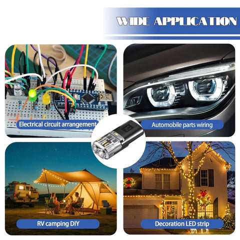 Collage of wide applications for LED strip connectors including RV camping, automotive parts, decoration, and electrical circuits