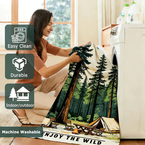 Woman placing 3 Piece Fitted Picnic Table Cover Set For Outdoor 6ft Tables And Benches in washing machine, waterproof with camping design.