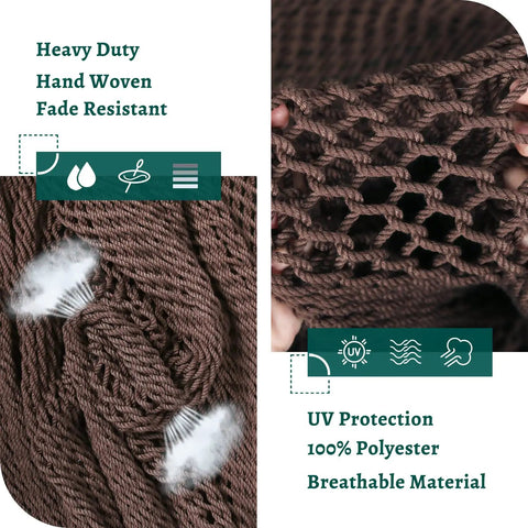 Close-up of handcrafted rope weave of the Extra Large Hammock Swing Chair With Spreader Bar For Indoor Or Outdoor Kick Back Relaxing, showing breathable dark brown polyester material.