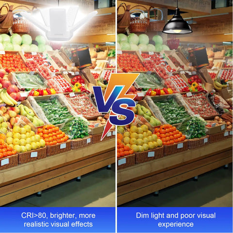 Comparison of Two Pack LED Garage Lights 100W 10,000 Lumens Daylight 6500K illuminating produce section vs dim lighting
