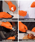 Tough As Nails Industrial Orange Nitrile Work Gloves With Solid Eight Mil Thickness And Raised Diamond Texture For Heavy Duty Jobs Chemical Resistant Latex Powder Free Secure Large Hands Fit Comfort One Hundred Count Pack worn for janitorial, lab, car repair, and food handling tasks.