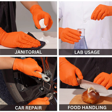 Tough As Nails Industrial Orange Nitrile Work Gloves With Solid Eight Mil Thickness And Raised Diamond Texture For Heavy Duty Jobs Chemical Resistant Latex Powder Free Secure Large Hands Fit Comfort One Hundred Count Pack worn for janitorial, lab, car repair, and food handling tasks.