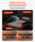 Slick Badass Desktop CNC Router Machine With 500W Spindle And Dual Linear Rails For Precision Wood And Acrylic Carving Projects showcasing aluminum frame and engraving results.