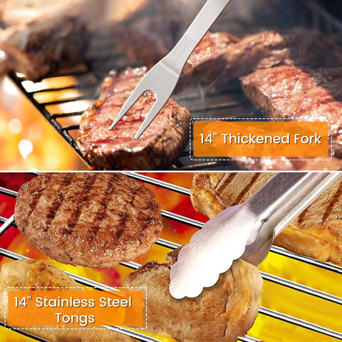 Grill Gear Set With 4-In-1 Spatula, Fork, Tongs And Brush, showing stainless steel fork and tongs handling grilled meat.