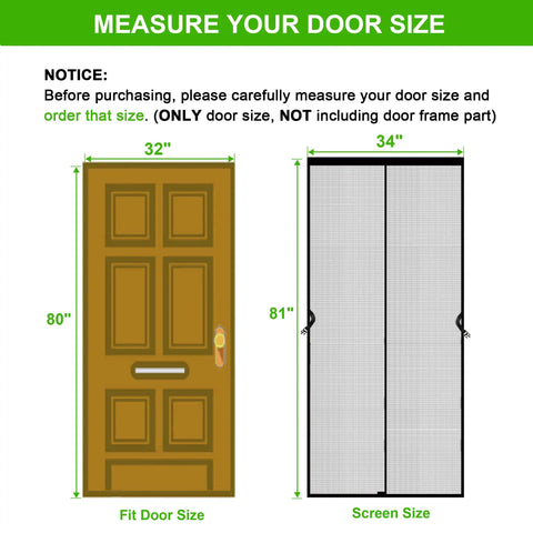 Diagram showing Heavy Duty Magnetic Screen Door for 32x80 Openings Fits 34x81 Screen with dimensions and instructions.