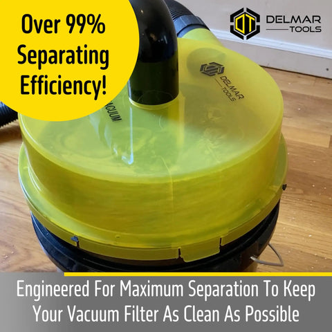 Low Profile Dust Separator For Wet Dry Shop Vacs With Lifetime Warranty 99 Percent Efficiency Includes 90 Degree Adapter And Two Point Five Inch Hose Attaches To Five Gallon Buckets In Seconds Delivers Maximum Suction Yellow