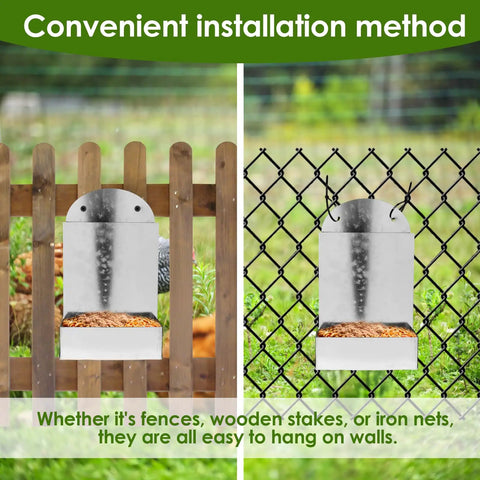 Durable Outdoor Premium Galvanized Steel Oyster Shell And Chicken Grit Feeder Featuring Roomy Hopper Auto Gravity Dispenser mounted on wooden and chain link fences.