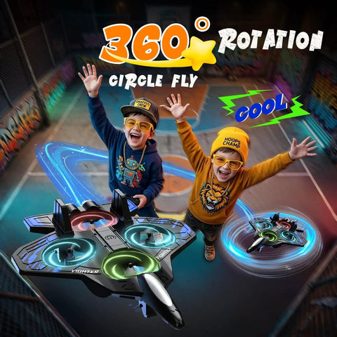 Children playing with blue Foam Remote Control Airplane With Lights For Kids And Adults, showing 360 degree flip feature.