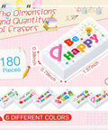 180 Piece Motivational Erasers Bulk For Kids And Classroom Use With Six Uplifting Designs, eraser dimensions and colors shown