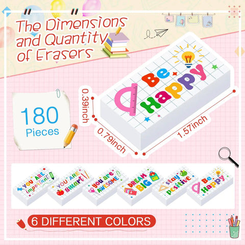 180 Piece Motivational Erasers Bulk For Kids And Classroom Use With Six Uplifting Designs, eraser dimensions and colors shown