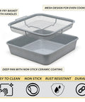 Air Fry Crisping Basket And Tray Set With Nonstick Bake Pan And Roasting Sheet For Easy Healthy Cookin Utensil Safe Design And Quick Cleanup Perfect For Crispy Fries Chicken And Veggies showing mesh basket and deep pan.