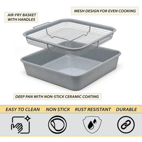 Air Fry Crisping Basket And Tray Set With Nonstick Bake Pan And Roasting Sheet For Easy Healthy Cookin Utensil Safe Design And Quick Cleanup Perfect For Crispy Fries Chicken And Veggies showing mesh basket and deep pan.