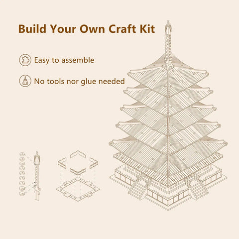 Diagram of Five-Storied Pagoda from 3D Wooden Puzzle Craft Kit for Adults and Kids, DIY Woodcraft Project, easy assembly instructions.
