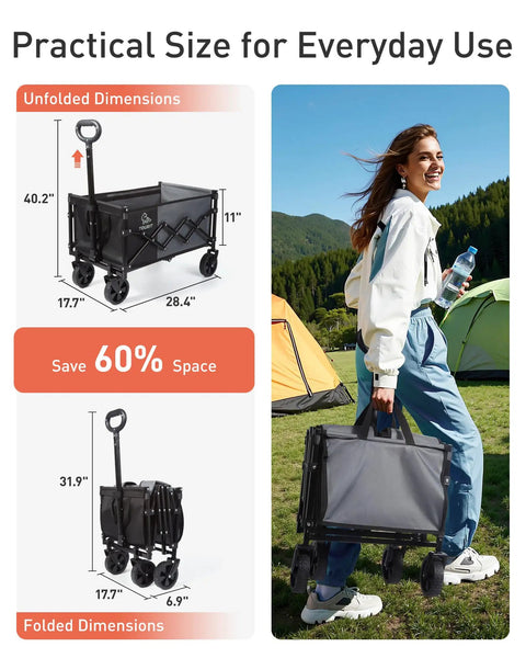 Foldable All Terrain Wagon With Heavy Duty Wheels Hauls Groceries And Gear For Camping Beach And Shopping 330 Lbs Capacity Utility Cart Easy Collapsible Durable Steel Frame Black