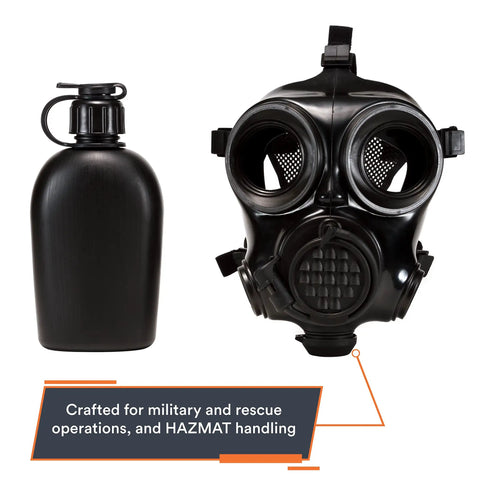 Kickass Full Face Respirator Mask For Tactical Civilians Premium CBRN Gas Mask Together With Chemical Respirator Featuring Top Shelf Air Purifying Filter, black mask and hydration bottle.