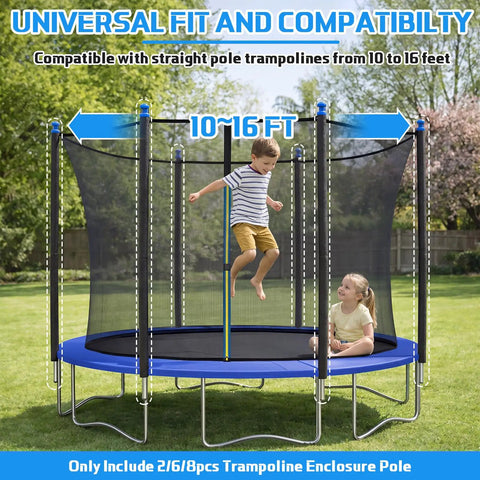 Top Shelf 2 Set Trampoline Pole Replacement Kit With Upper And Lower Straight Tubes Universal Enclosure Accessories Foam Sleeves Pole Caps And Heavy Duty Hardware Fits 8 To 16 Feet No Sweat Setup; children playing on a trampoline with safety enclosure.