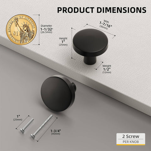 Matte Black Cabinet Knobs Set Of 5 1.27 Inch Round Drawer Pulls For Kitchen Cabinets Dresser Closets Hardware Handles Durable Zinc Alloy Sturdy Rust Resistant With Included Screws And Easy Install shown with dimensions and screws