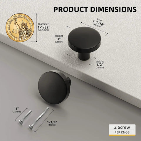15 Pack Matte Black Cabinet Knobs 1.27 Inch Round Drawer Pulls for Kitchen Cabinets Dresser Drawers Closet Bifold Doors Modern Hardware Rust Resistant Zinc Alloy Knobs Easy Install shown with dimensions and screws