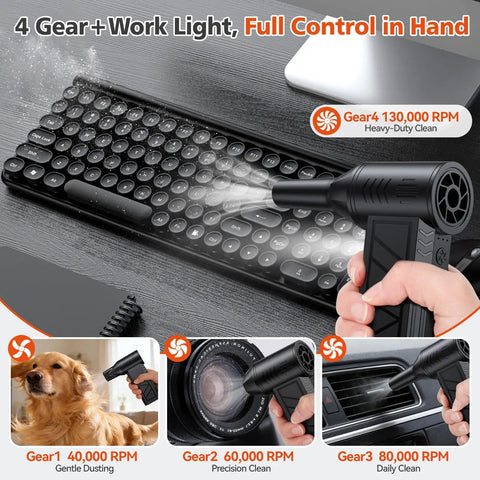 Cordless Air Duster With 130000 RPM Motor cleaning a keyboard, showcasing speed settings and versatility for various surfaces.
