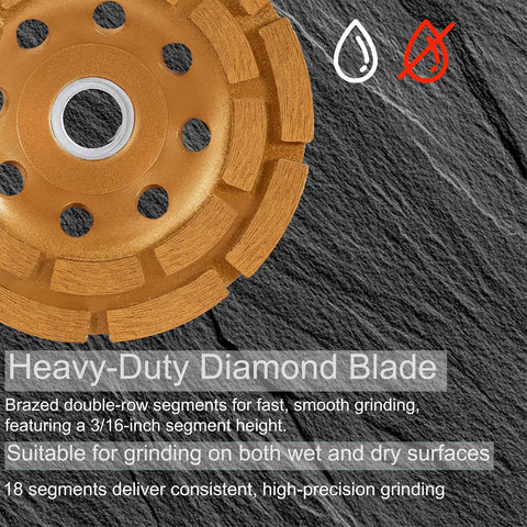 Diamond Grinding Wheel 4.5 Inch Double Row Segmented Cup Wheel For Concrete And Stone Surface Prep, Polishing And Removal, 18 Segments, 115mm, Fits Angle Grinders For Cement, Thinset, Granite, Marble close-up view showing 18 segments.