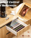 Bamboo Coffee Pod Drawer Organizer For Nespresso Vertuo Vertuoline Pods, countertop storage in kitchen setting, open drawer.