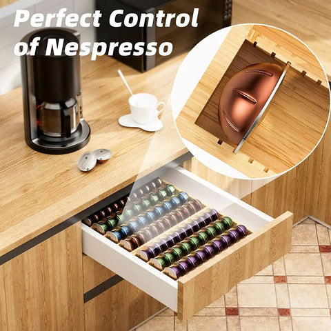 Bamboo Coffee Pod Drawer Organizer For Nespresso Vertuo Vertuoline Pods, countertop storage in kitchen setting, open drawer.
