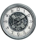 Large 15 Inch Moving Gears Wall Clock In Sleek Silver, showing bold numbers and intricate gear design.