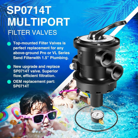 Top Mount Multiport Valve Replacement For Above Ground Sand Filters 1.5 Inch Plumbing Seven Position Control Valve SP0714T