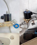 Electric Solenoid Valve Copper Normally Closed For Water Air And Gas 110V AC 1/2 Inch NPT Cast Copper Body installed in plumbing setup