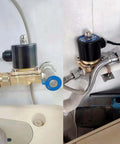 Copper Electric Solenoid Valve, Normally Closed, For Water, Air, And Gas Systems, 110V AC installed under plumbing sink