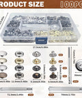 Leather Button Snap Kit 100 Sets 12.5mm With Four Fixing Tools Includes Cap Socket Closing Post And Stud For Thin Clothes Jackets And Jeans DIY Garment Repair And Craft, product size details shown.