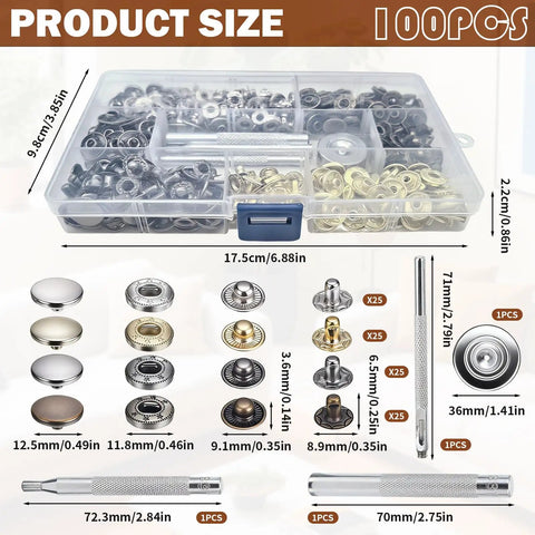 Leather Button Snap Kit 100 Sets 12.5mm With Four Fixing Tools Includes Cap Socket Closing Post And Stud For Thin Clothes Jackets And Jeans DIY Garment Repair And Craft, product size details shown.