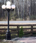 9.5 Ft Five Arm Victorian Outdoor Post Light in Black Finish with shatterproof globe shades along pathway and wooden fence