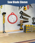 Tough As Nails Silicone Saw Blade Protector Sleeve For 10 Inch Circular Blades displayed on a pegboard in a workshop.